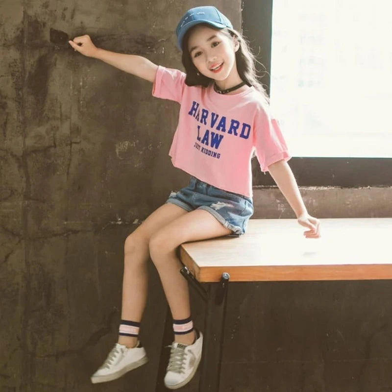 2023 Kids Girls Clothes Set Summer Short Sleeve T-shirt + jeans shorts hot pants Outfits Baby Clothing 4 5 6 7 8 9 10 11 12 year