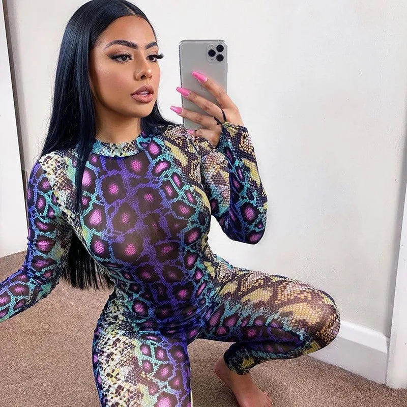 Snakeskin Print Sexy Jumpsuit Women Long Sleeve Turtleneck Bodycon Jumpsuit Rompers Autumn Club Sexy Female Streetwear