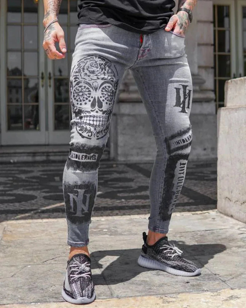 Trendy Men's Stretch Jeans Casual Pants Slim Printed Gray Jeans Men Fashion Printed Jeans Men Pencil Pants Skinny Jeans Men
