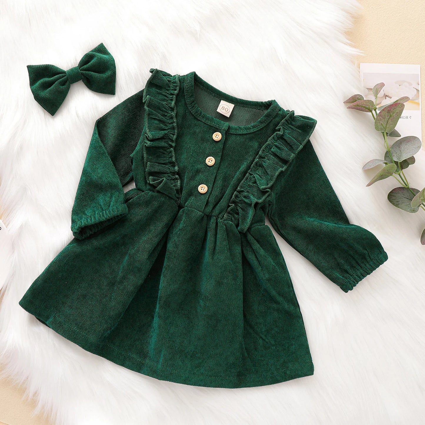 FOCUSNORM 0-6Y Autumn Infant Baby Girls Dress Headband 2pcs Solid Ruffles Long Sleeve Bowknot Button A-Line Dress 4 Colors