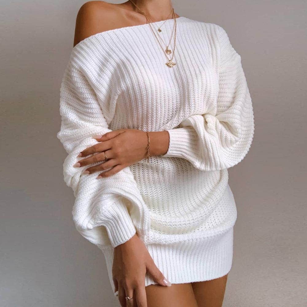 Cryptographic Casual Knitted Mini Dress Women Autumn Winter Sweaters Balloon Long Sleeve Knitwear Women&#39;s Dresses Loose Jersey