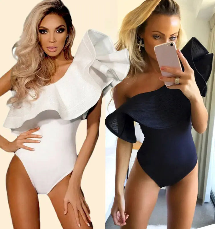 Women Sexy Bodysuit Stretch Leotard Sleeveless Ruffles Slim Evening Party Body Tops T shirt Jumpsuit Romper Summer 2023