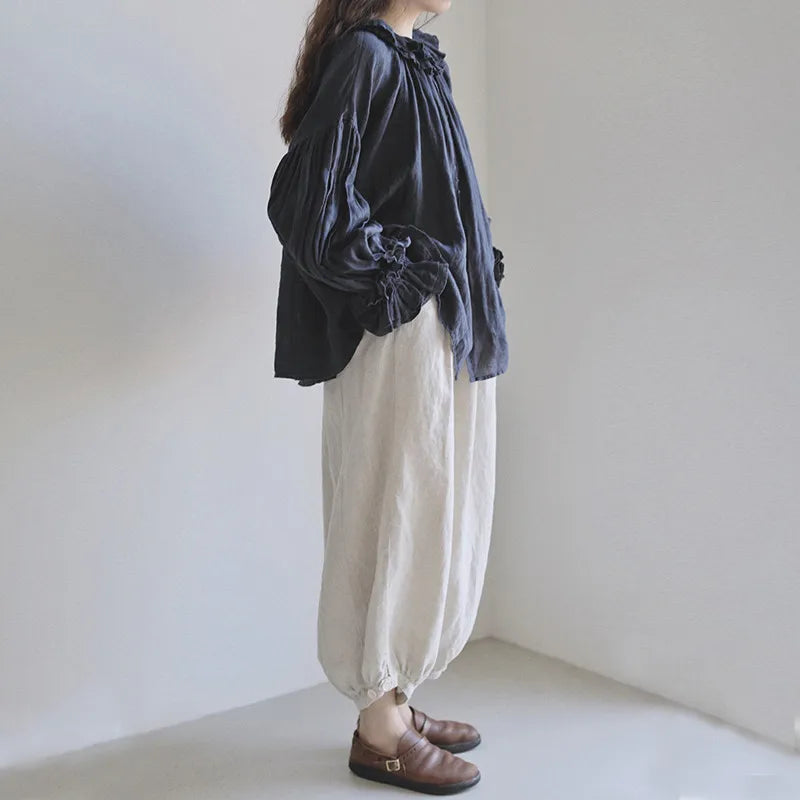 Johnature 2023 Autumn New Women Loose Tops And Blouses Vintage Linen Solid Color Ruffles Collar 4 Colors Female Shirts