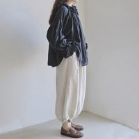 Johnature 2023 Autumn New Women Loose Tops And Blouses Vintage Linen Solid Color Ruffles Collar 4 Colors Female Shirts