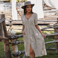 Deenor Women Summer Beach Chiffon Dress Casual Short Sleeve Polka Dot Dress Boho Party Dress Elegant V Neck Sundress Vestidos