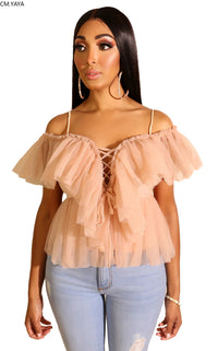 2019 women summer autumn new ruffles spaghetti strap v-neck fashion vintage blouse chiffon shirts casual beach top outfit L0280