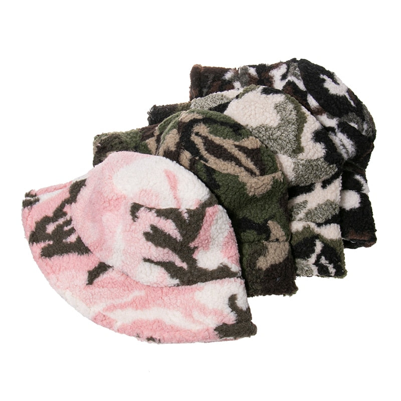 FOXMOTHER New Fashion Camo Warm Caps Wool Faux Fur Winter Bucket Hat for Women Camouflage Fisherman Hats Cap Panama Lady