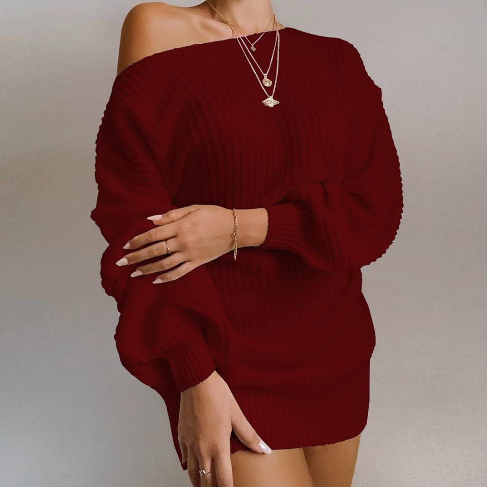 Cryptographic Casual Knitted Mini Dress Women Autumn Winter Sweaters Balloon Long Sleeve Knitwear Women&#39;s Dresses Loose Jersey