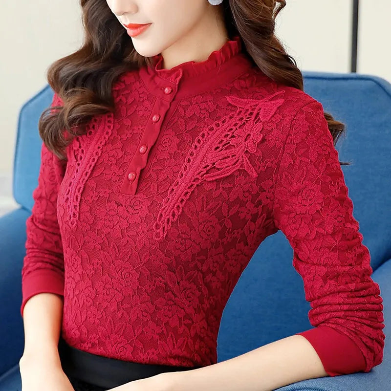 Women Long Sleeve Lace Shirt & Blouses Feminine Stand Bottom Tops Blouse Winter Autumn 4XL 5XL