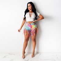 2022 New Clothing Summer Tie Dye Long Tassel Denim Shorts For Women