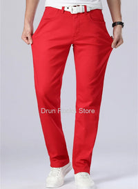 White Jeans Men Plus Size 36 38 40 Loose Oversized Red Trousers Stretched Denim Mens Casual Slim Fit Straight Elastic Man Pant
