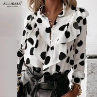 Dot Print Ruffle Blouse Shirt Autumn Winter Long Sleeve Elegant Office Lady V-Neck Button Tops Blusa Women Shirts Casual Leopard