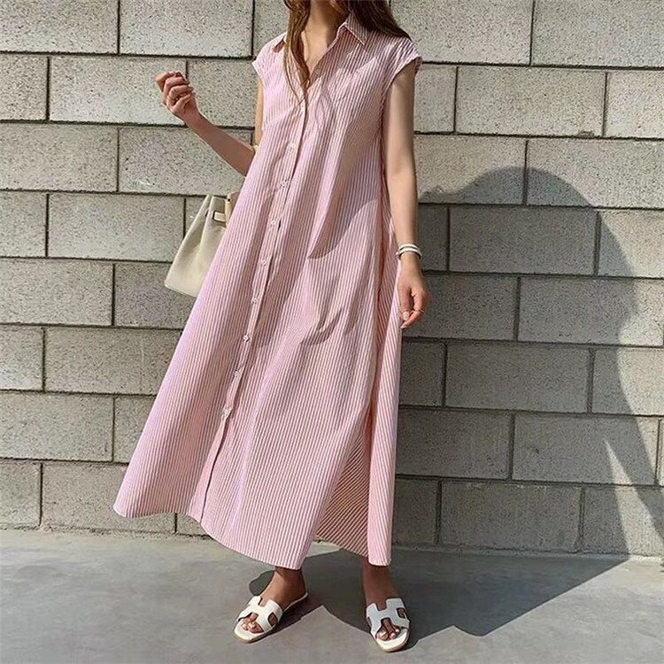 Colorfaith New 2022 Women Striped Reglan Sleeve Shirt Dress Spring Summer Korean Fashion Lace Up Elegant Long Dresses DR1970