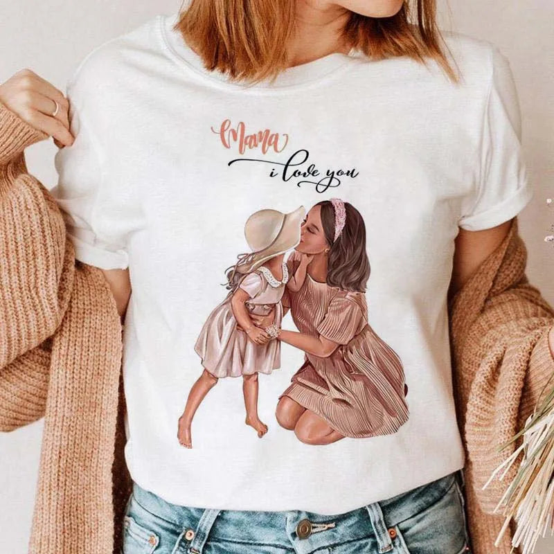 Maycaur Women Cartoon Mom Mother Boy Girl Print Mother Lady T-shirts Casual Top T Shirt Ladies Womens Graphic Female Tee T-Shirt
