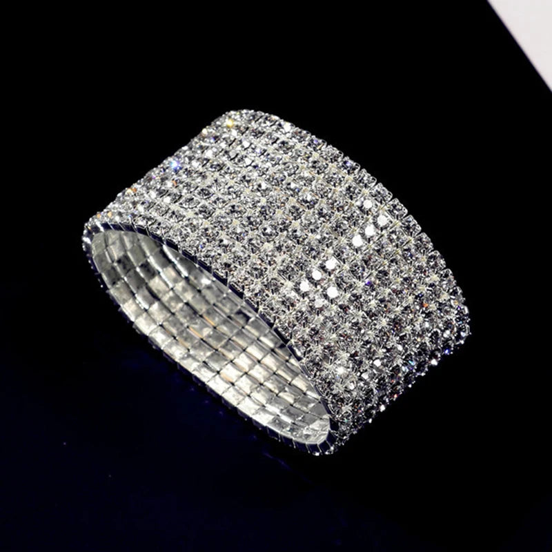 TREAZY 1-10 Rows Rhinestones Bridal Wedding Bangles Gold/Silver Color Crystal Stretch Bracelet Women Wristband Elastic Jewelry