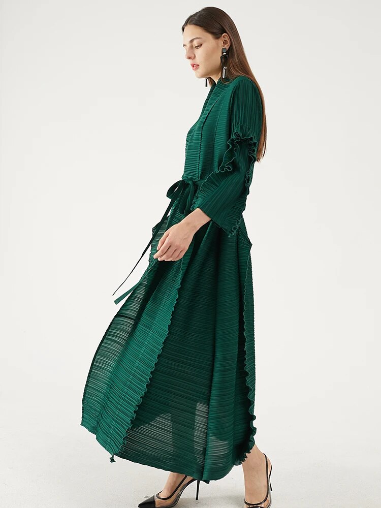 Miyake Pleated Petal Sleeve Dress Lapel Cardigan Sashes High Fashion Loose Long Dresses Fall 2022 Winter Women Designer Clothes