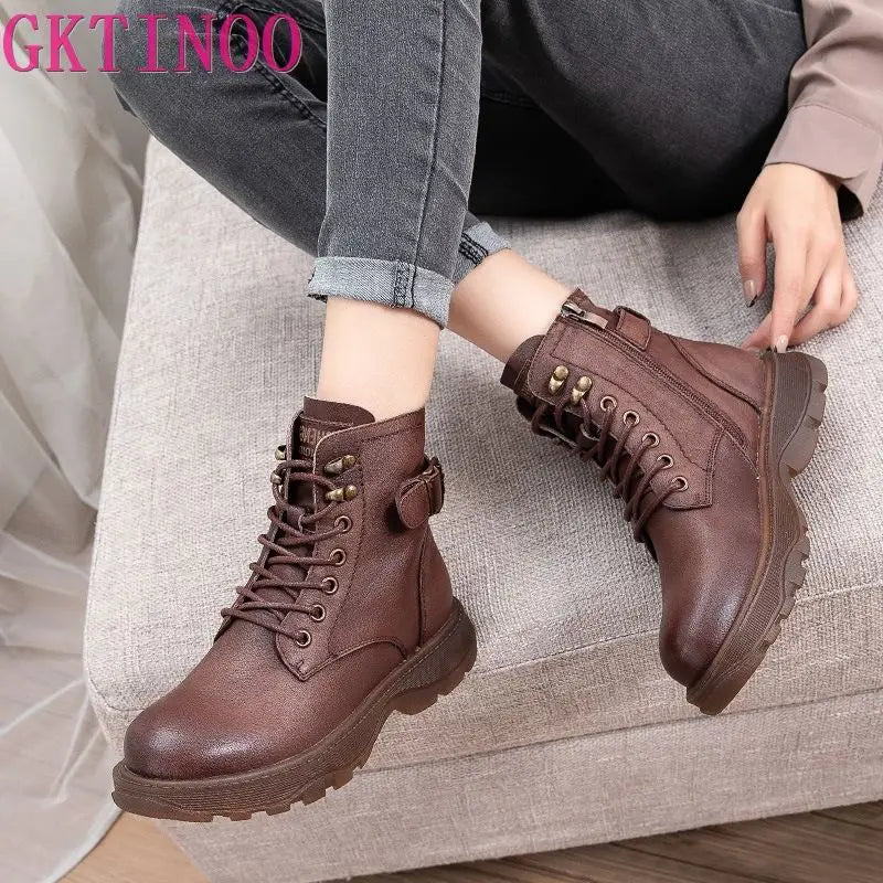 Women's Genuine Leather Ankle Boots Women Autumn Winter Lace Up Vintage Women Punk Boots Flat Ladies Shoes Woman Botas Mujer