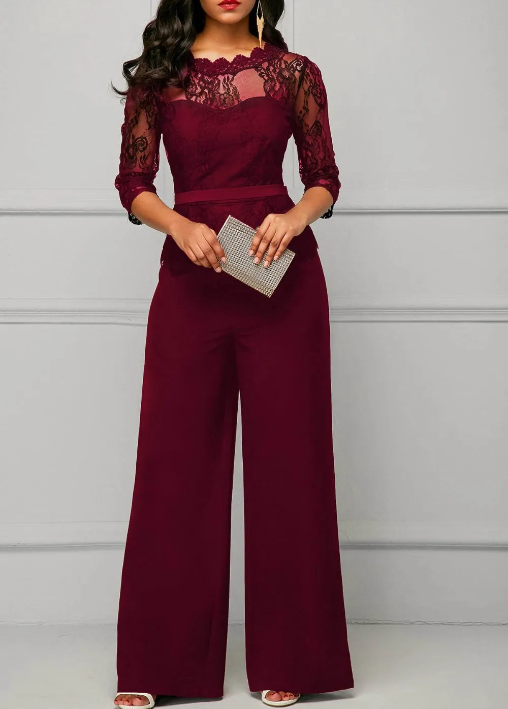 Elegant Sexy Jumpsuits Women Long Sleeve Lace Patchwork Jumpsuit Loose Trousers Wide Leg Pants Rompers Holiday Black Overalls