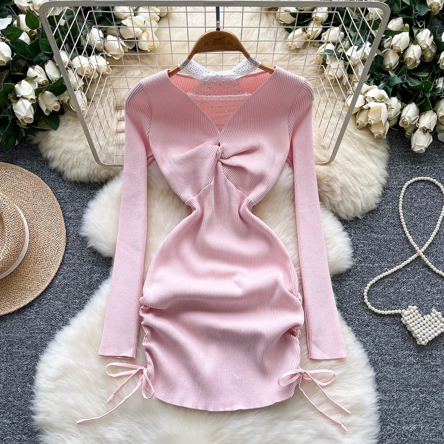 Summer Y2K Halter Bandage Hip Midi Dress for Women Empire Patchwork Mesh Dress