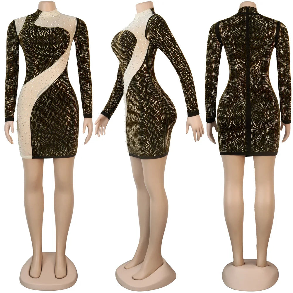 BH232 Women Sexy Hot Diamond Patchwork Pearl Evening Party  Dress