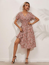 White Floral Printing Summer Chiffon Beach Dress 2022 Casual V-neck Short Sleeve A-line Women Midi Dresses Vestidos