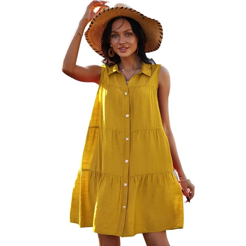 Turn-Down Collar Office Lady Cotton Shirt Dress Single-Breasted Sleeveless Summer Dress Women Loose Casual A-Line Spring Vestido