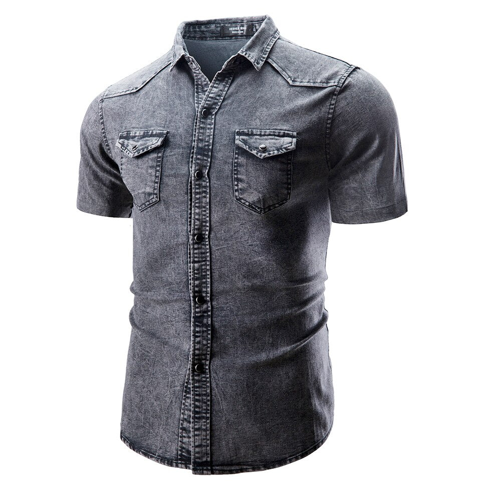 Fashion Lapel Denim Shirt 2020 Designer Short-sleeved Men's Blue Slim and Old Washed Denim Shirt Plus Size Jacket 3XL