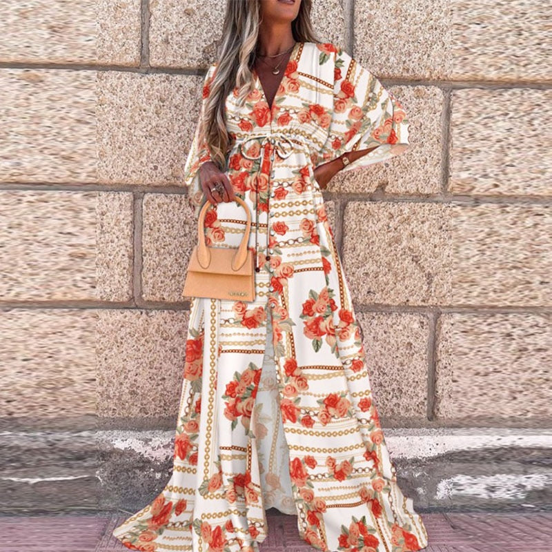 Elegant Deep V Neck Printing Hem Maxi Dresses Women Casual Button Elastic Waist Long Party Dress Summer Loose Slit Beach Dress