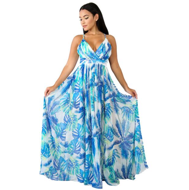 Women Dresses Summer Sexy Maxi Boho Style Print Party Dress Deep V Neck Backless Long Dress Vestidos