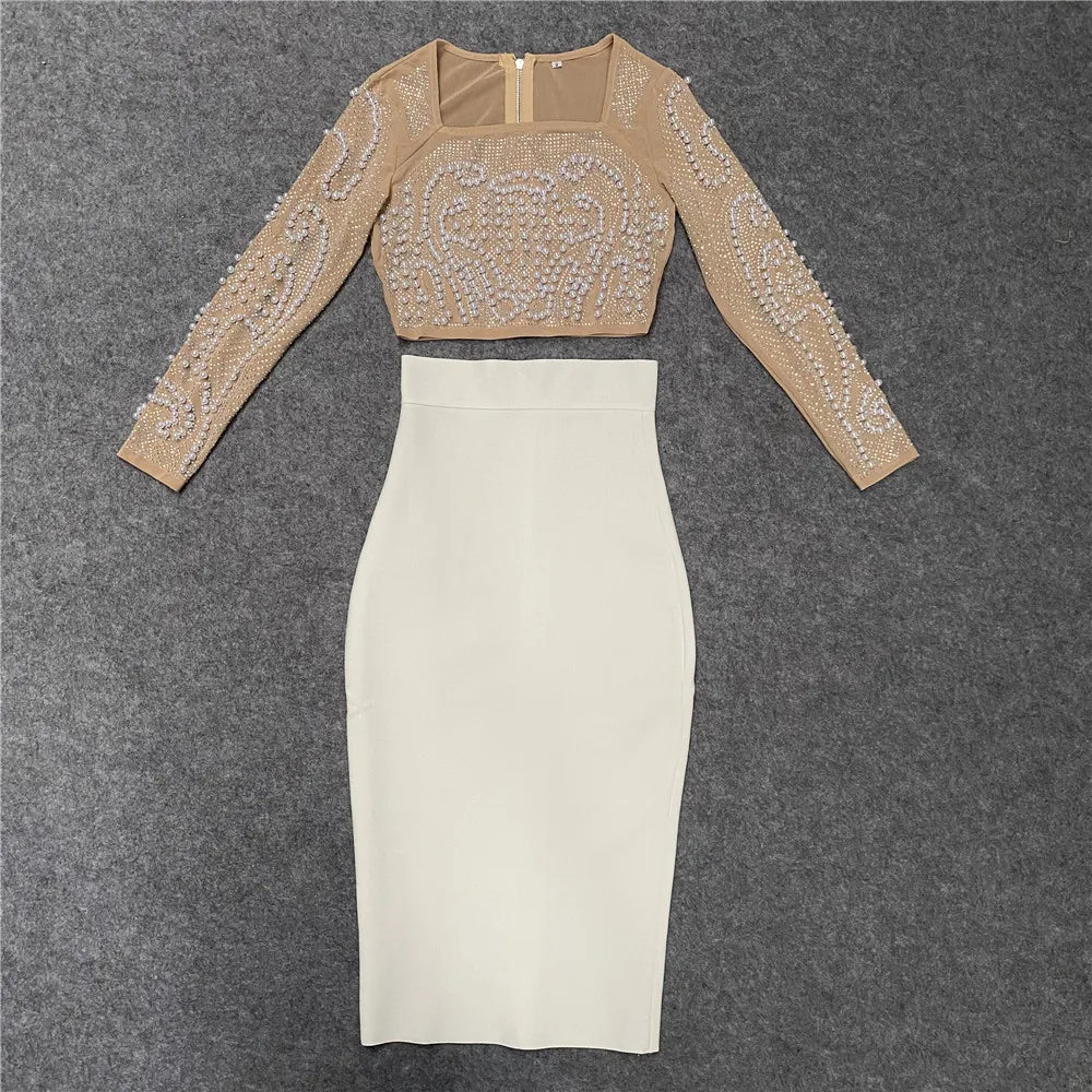 2021 New 2 Piece Set Beading Sexy Top Bandage Skirt Two Piece Sets Suits Women Autumn Winter Bodycon Clothes