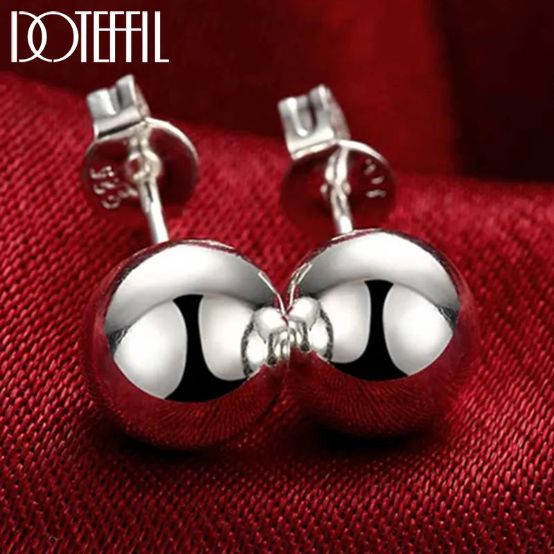 DOTEFFIL 925 Sterling Silver 8/10/12mm Round Smooth Solid Bead Ball Stud Earrings For Women Wedding Engagement Party Jewelry