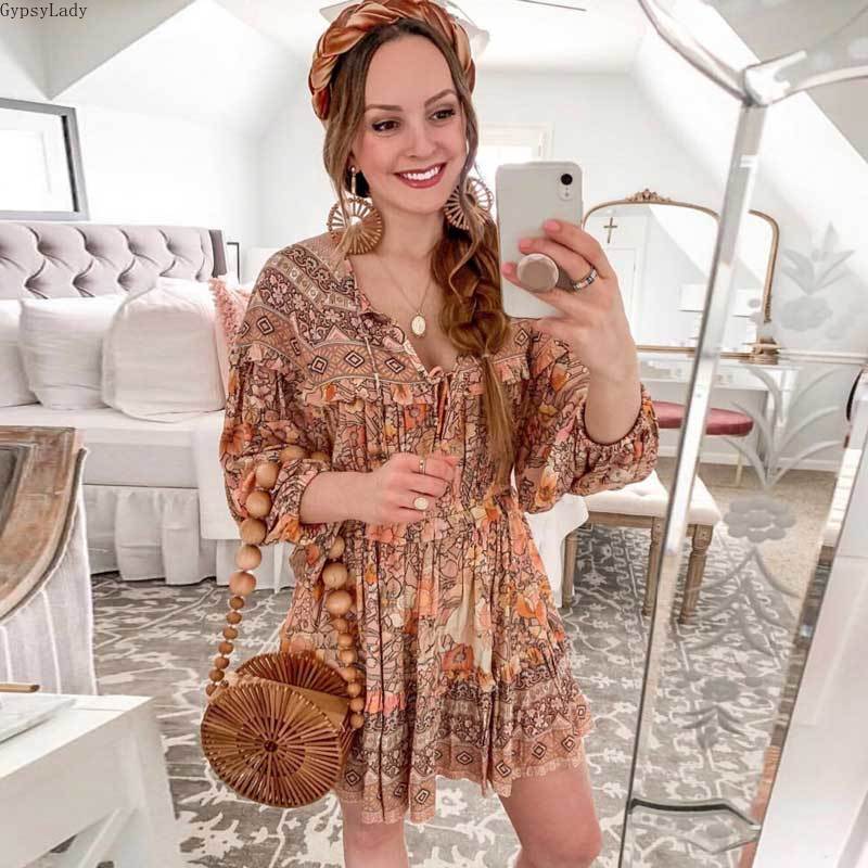 GypsyLady blush florla print frill summer dresses long sleeve pleated women dress elastic mini gypsy boho dress chic vestido