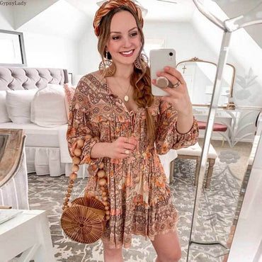 GypsyLady blush florla print frill summer dresses long sleeve pleated women dress elastic mini gypsy boho dress chic vestido