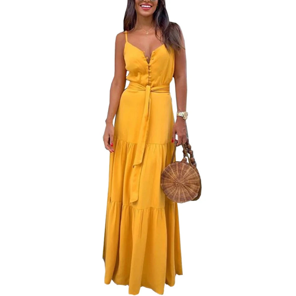 dress Sexy Women Maxi Dress Bohemian Sleeveless Dresses Women V-neck Solid Sleeveless Belted Maxi dresses for women