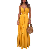 dress Sexy Women Maxi Dress Bohemian Sleeveless Dresses Women V-neck Solid Sleeveless Belted Maxi dresses for women