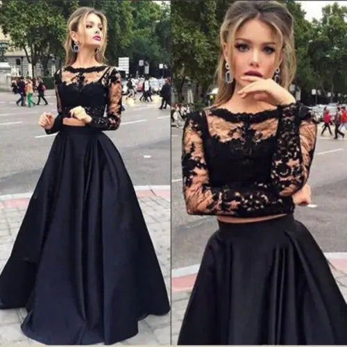 Hot 2pcs Suit Sexy Women Black Lace Formal Prom Long Dress Elegant Long Maxi Dress