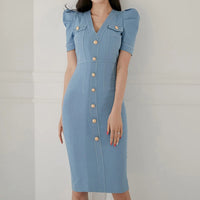 Office Lady Dress 2022 Summer High Waist Tight Dress V-Neck Puff Sleeve Decorated Single-Breasted Button Denim Dress