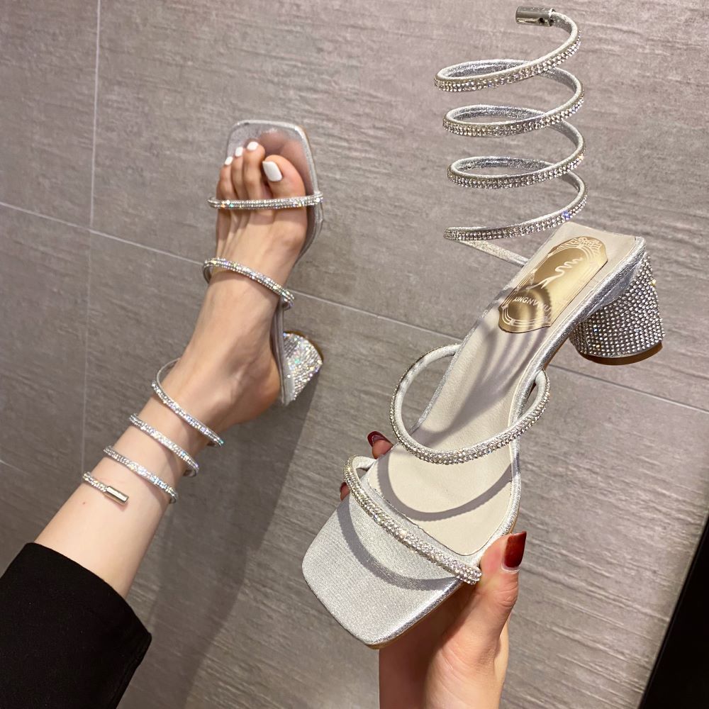 2023 Summer Luxury Women Sandals For Weddings Bride Shoe Golden Sandal Rhinestone Snake Wrap High Heel Birthday Party Shoes