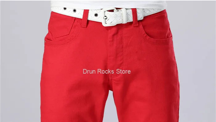 White Jeans Men Plus Size 36 38 40 Loose Oversized Red Trousers Stretched Denim Mens Casual Slim Fit Straight Elastic Man Pant