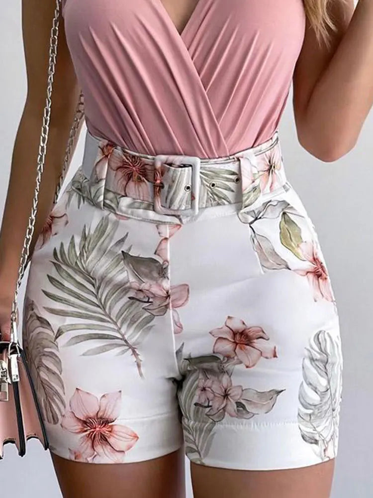 Summer Women Fashion Two Piece Suit Sets Office Lady Sleeveless V Neck Pink Plain Ruched Top & Tropical Print Shorts Set