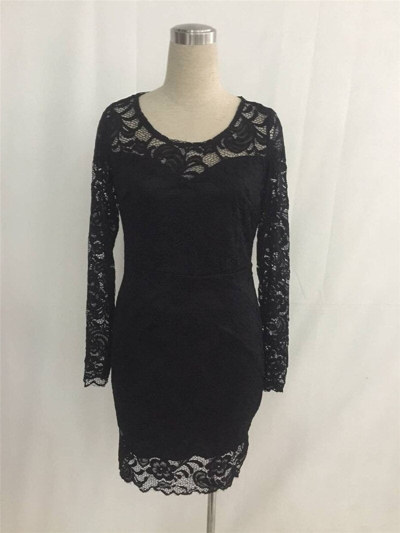 Sexy Autumn Black Long Sleeve Lace Dress Women Hollow Out O-Neck Club Party  Dress