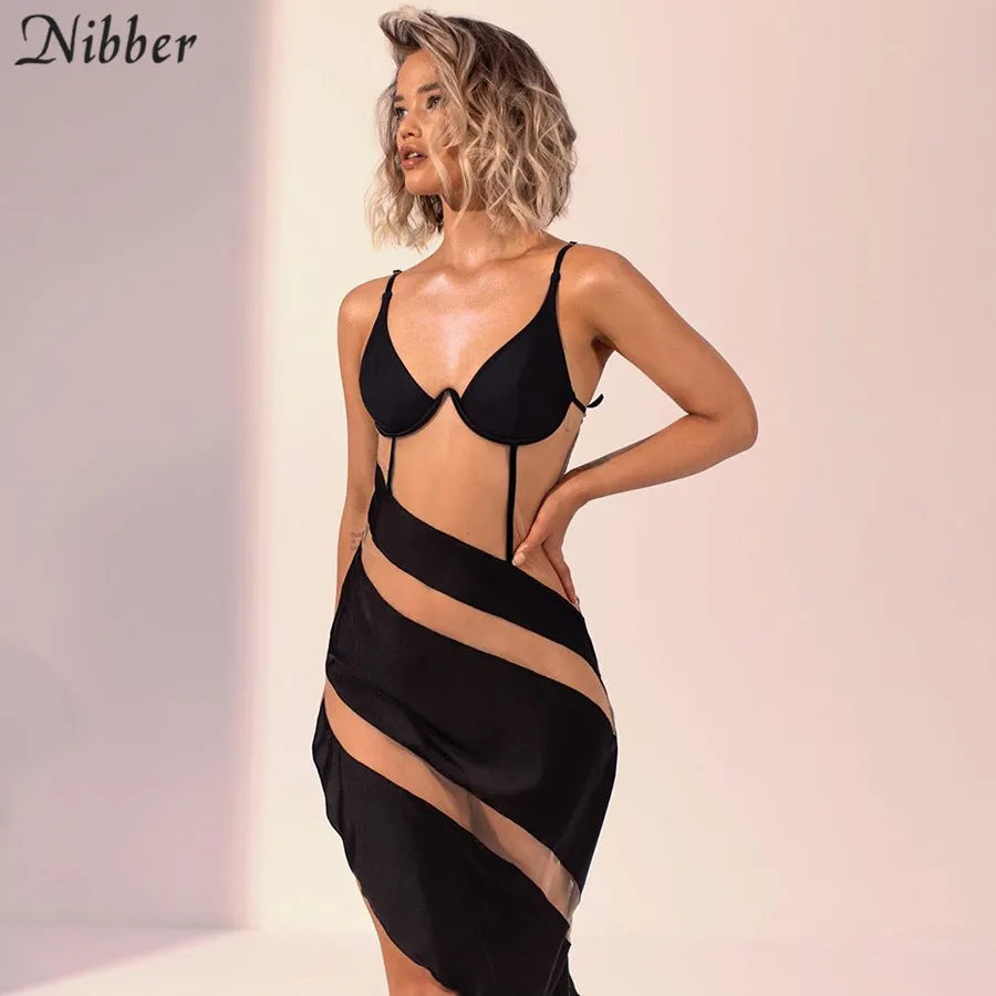 Nibber Sexy Mesh See through Patchwork Sling Midi Dresses For Women 2020 New Autumn Winter Club Party Wear Bodycon Dresses Mujer