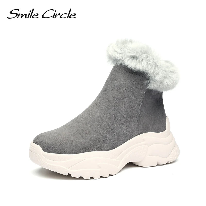 Smile Circle Suede leather Ankle Boots Women Flat platform shoes winter plush Keep warm Thick bottom Short Boots Ladies snow boo