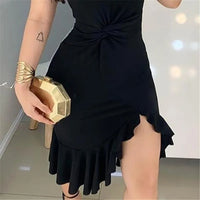 2020 Women Fashion Elegant Lady Dress Party Sweet Workwear Dress Casual One Shoulder Waist Twisted Ruffles Hem Dress