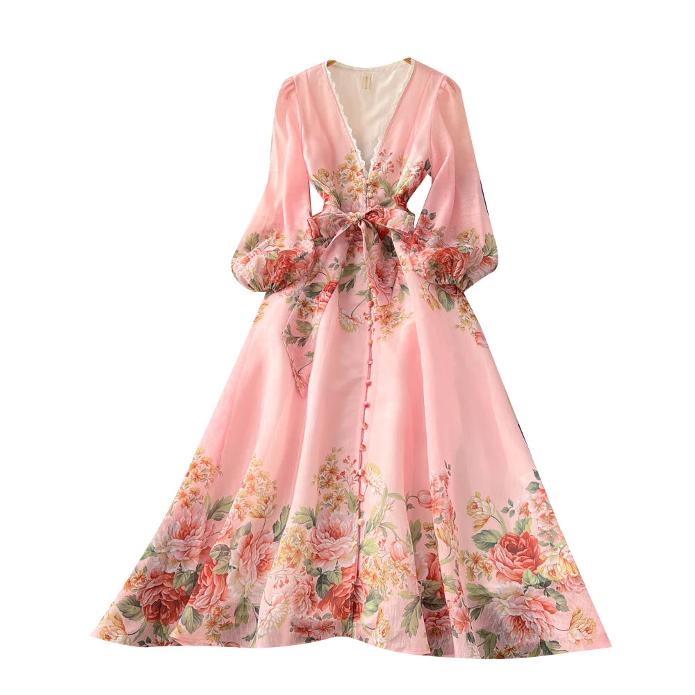 Summer V-Neck A-Line Maxi Dress for Women Empire Printed Dress