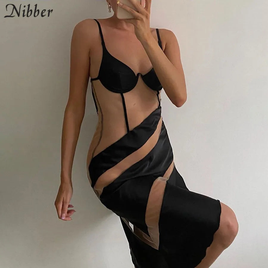 Nibber Sexy Mesh See through Patchwork Sling Midi Dresses For Women 2020 New Autumn Winter Club Party Wear Bodycon Dresses Mujer