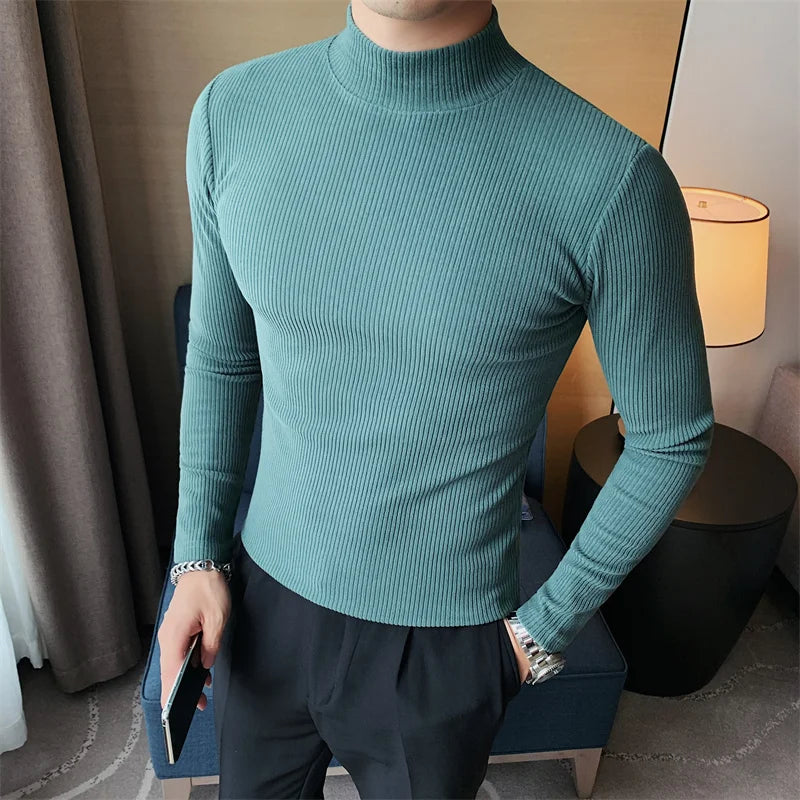 Turtleneck Men Autumn Winter Long Sleeve T Shirt For Men Clothing Simple Slim Fit Casual Men's T-shirts Striped High Quality Hot