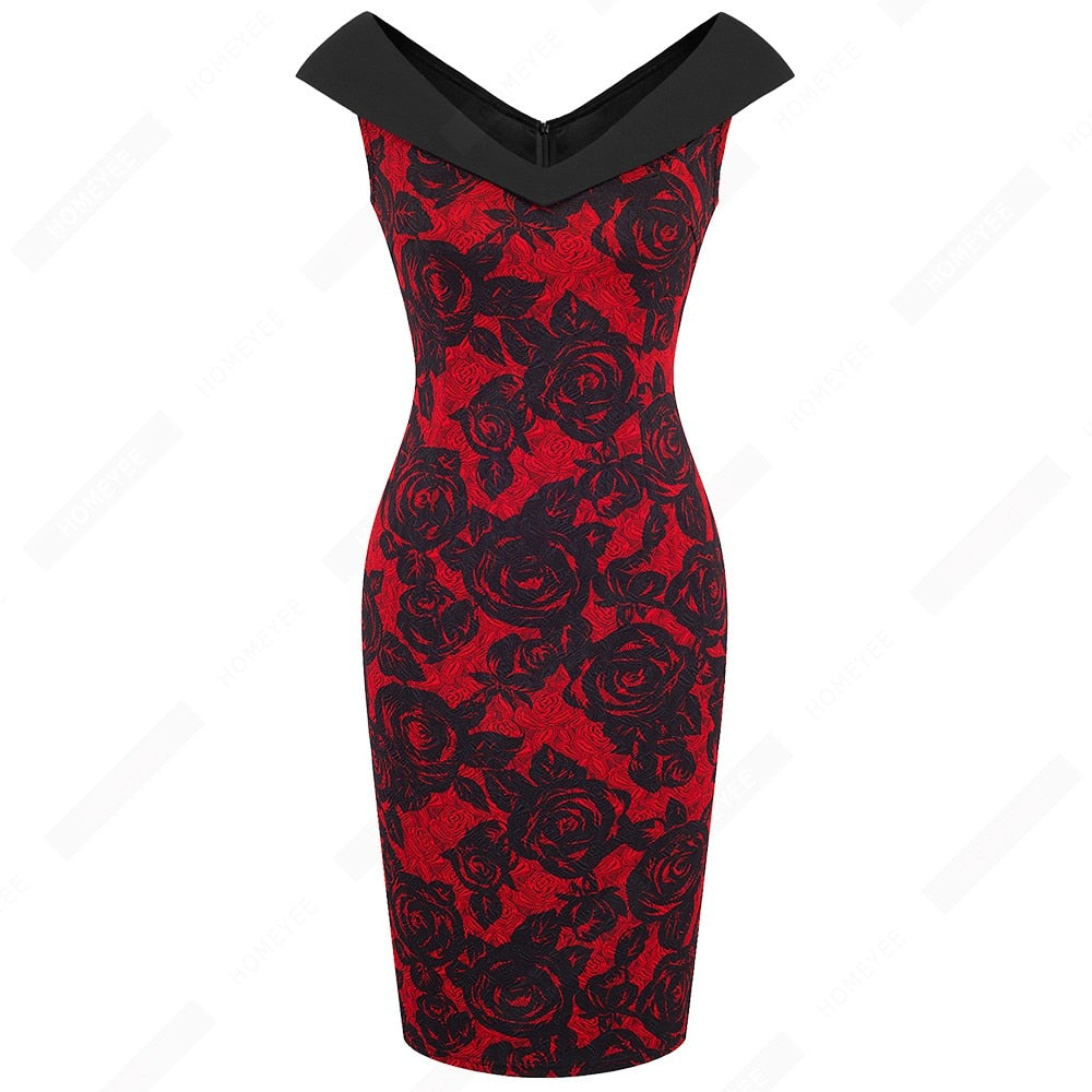 Women Sexy Floral Elegant V Neck Sheath Fitted Casual Work Party Sexy Sleeveless Pencil Dress