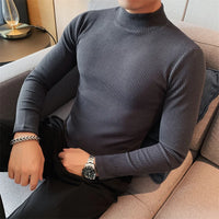 Turtleneck Men Autumn Winter Long Sleeve T Shirt For Men Clothing Simple Slim Fit Casual Men's T-shirts Striped High Quality Hot