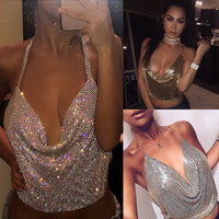 Summer Women Elegant Sexy Shiny Metal Texture Suspender Top Club Backless Bralette Beach Halter Gold Sequined Tank Top Camisole